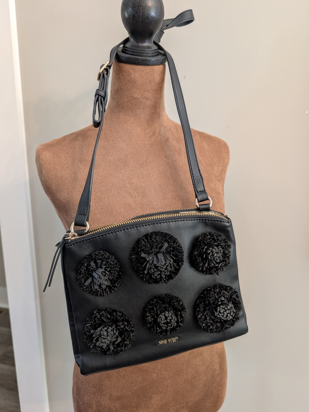 Nine West Black Floral Appliqué Crossbody Bag